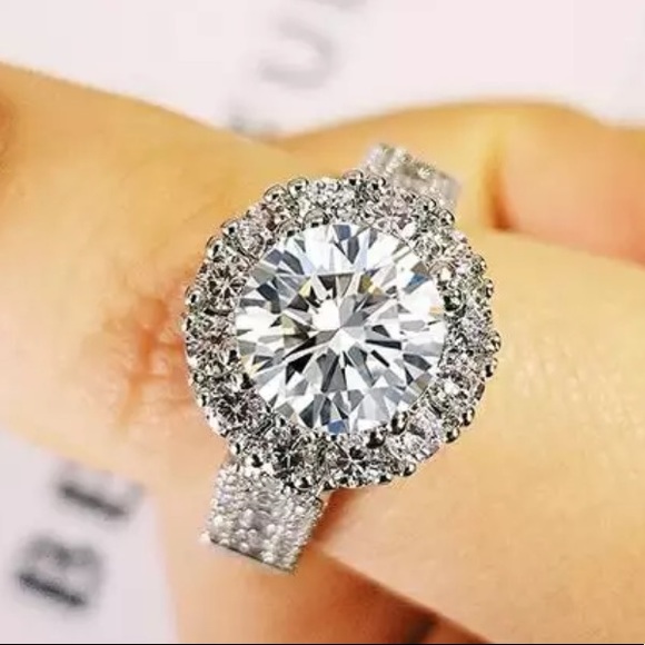 Sterling Silver halo round engagement ring - Picture 3 of 3